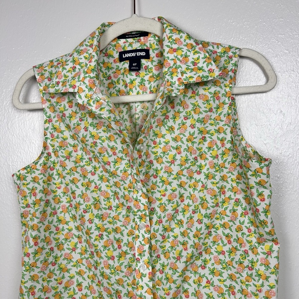 NWOT Lands End Women's No Iron Supina Cotton Button Up Top Size 6P Citrus Fruit